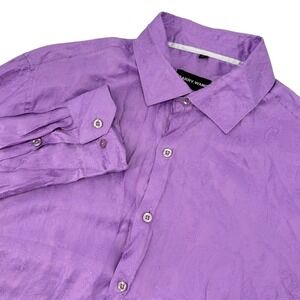 Barry Wang Mens Large Button Down Shirt Long Sleeve Purple‎ Paisley Jacquard